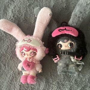 Kawaii Plush Doll Keychains - Pink Bunny & Gray Bear Set